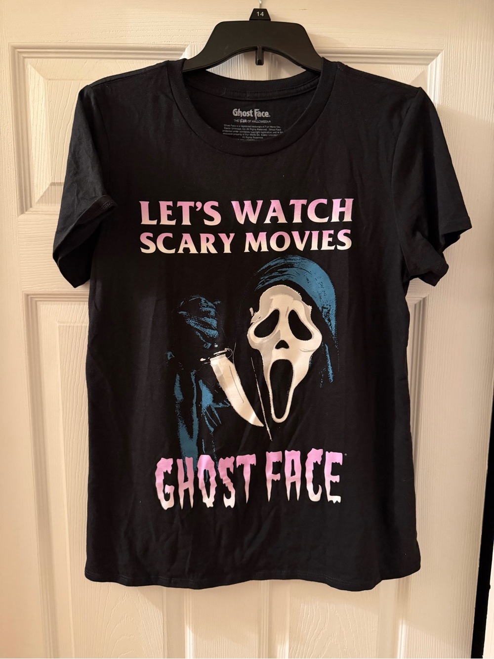 Ghost Face "Let's Watch Scary Movies" Graphic Tee - Black with Pink & Blue Print